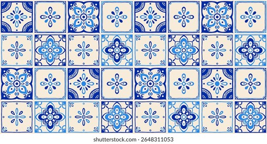 Seamless mediterranean tile pattern with hand drawn floral and geometric motifs in blue and beige colors, traditional ceramic design inspired by italian, spanish and portuguese vintage tiles