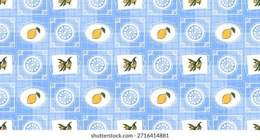 Seamless Mediterranean tile seamless pattern inspired by Italian and Portuguese azulejo motifs. Ideal for invitations, packaging, and elegant interior design backgrounds.