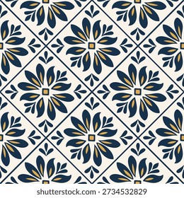  Seamless Mediterranean tile pattern with intricate blue ceramic mosaic design, featuring ornate floral motifs and traditional Italian ornamental elements for elegant backgrounds