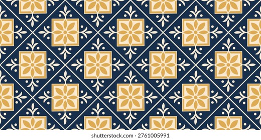  Seamless Mediterranean tile pattern with intricate blue ceramic mosaic design, featuring ornate floral motifs and traditional Italian ornamental elements for elegant backgrounds