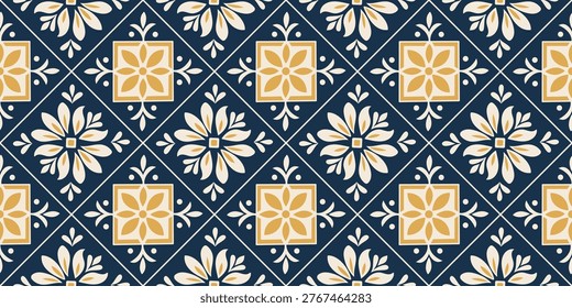  Seamless Mediterranean tile pattern with intricate blue ceramic mosaic design, featuring ornate floral motifs and traditional Italian ornamental elements for elegant backgrounds