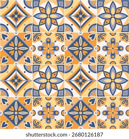 Patrón de baldosas mediterráneas sin costuras en amarillo y azul. Fondo con motivos geométricos y florales azulejos de cerámica