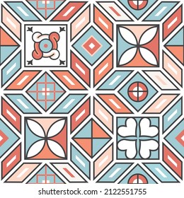 Seamless Mediterranean tiles background. Square Textile decor with geometric motifs. The classic Roman mosaic. Floor and wall decoration. Tiles for ceramic in  Portuguese, Spanish, Italian style.