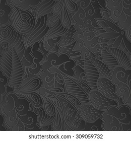 Seamless mehndi 3d imitation pattern. Paisley, winding stem, spiral, wave, bud mehndi doodle. Gray photorealistic pattern, tracery handmade pattern. Curved lines, doodling design.