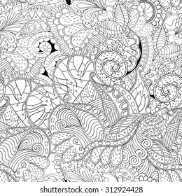 Seamless mehndi tracery design. Handmade natural mood texture. Paisley, winding stem, spiral, lotus flower, wave, bud mehndi doodle. Curved lines, doodling design. Vector.