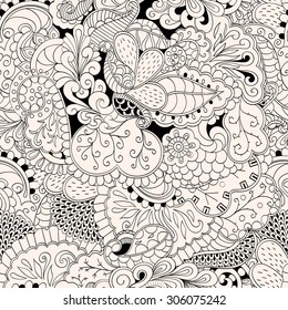Seamless mehndi tracery design. Paisley, winding stem, spiral, wave, bud mehendi doodle. Handmade natural mood texture. Curved lines, doodling design.