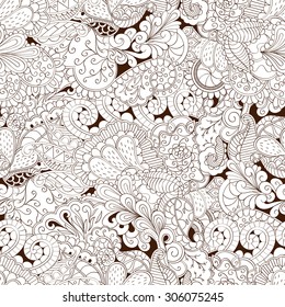 Seamless mehndi tracery design. Paisley, winding stem, spiral, wave, bud mehendi doodle. Handmade natural mood texture. Curved lines, doodling design.