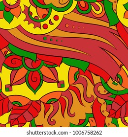 Seamless mehndi vector pattern. Hand-made ethnic illustration. Colorful doodle texture.