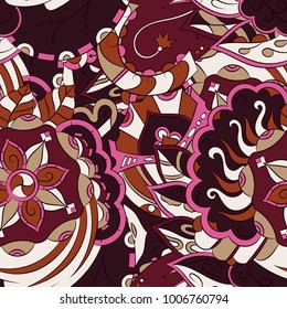 Seamless mehndi vector pattern. Hand-made ethnic illustration. Colorful doodle texture.