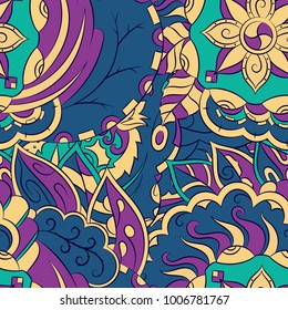 Seamless mehndi vector pattern. Hand-made ethnic illustration. Colorful doodle texture.