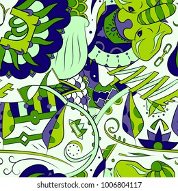 Seamless mehndi vector pattern. Hand-made ethnic illustration. Colorful doodle texture.