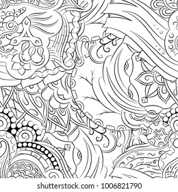 Seamless mehndi vector pattern. Hand-made illustration. Black and white binary pattern, monochrome doodle texture.