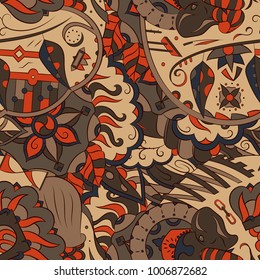 Seamless mehndi vector pattern. Hand-made ethnic illustration. Colorful doodle texture.