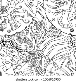 Seamless mehndi vector pattern. Hand-made illustration. Black and white binary pattern, monochrome doodle texture.