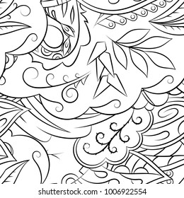 Seamless mehndi vector pattern. Hand-made illustration. Black and white binary pattern, monochrome doodle texture.