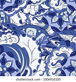 Seamless mehndi vector pattern. Hand-made ethnic illustration. Colorful doodle texture.
