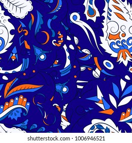 Seamless mehndi vector pattern. Hand-made ethnic illustration. Colorful doodle texture.