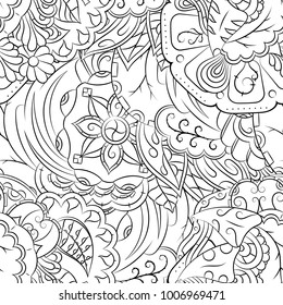 Seamless mehndi vector pattern. Hand-made illustration. Black and white binary pattern, monochrome doodle texture.