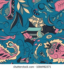 Seamless mehndi vector pattern. Hand-made ethnic illustration. Colorful doodle texture.