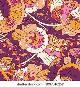 Seamless mehndi vector pattern. Hand-made ethnic illustration. Colorful doodle texture.