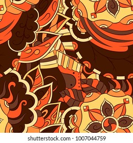 Seamless mehndi vector pattern. Hand-made ethnic illustration. Colorful doodle texture.