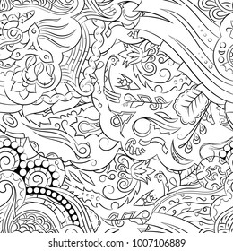 Seamless mehndi vector pattern. Hand-made illustration. Black and white binary pattern, monochrome doodle texture.