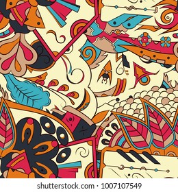 Seamless mehndi vector pattern. Hand-made ethnic illustration. Colorful doodle texture.