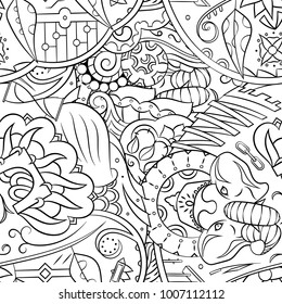 Seamless mehndi vector pattern. Hand-made illustration. Black and white binary pattern, monochrome doodle texture.