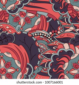 Seamless mehndi vector pattern. Hand-made ethnic illustration. Colorful doodle texture.