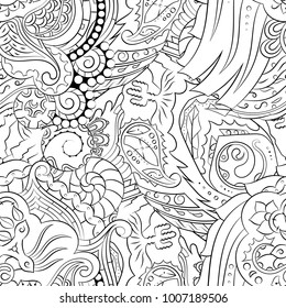 Seamless mehndi vector pattern. Hand-made illustration. Black and white binary pattern, monochrome doodle texture.