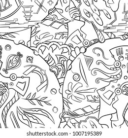 Seamless mehndi vector pattern. Hand-made illustration. Black and white binary pattern, monochrome doodle texture.