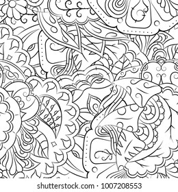 Seamless mehndi vector pattern. Hand-made illustration. Black and white binary pattern, monochrome doodle texture.