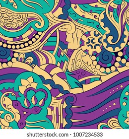 Seamless mehndi vector pattern. Hand-made ethnic illustration. Colorful doodle texture.