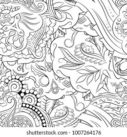 Seamless mehndi vector pattern. Hand-made illustration. Black and white binary pattern, monochrome doodle texture.