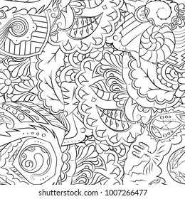 Seamless mehndi vector pattern. Hand-made illustration. Black and white binary pattern, monochrome doodle texture.