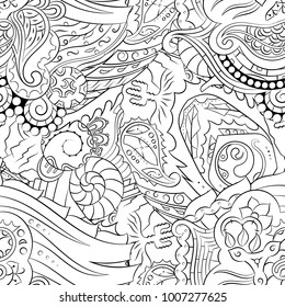 Seamless mehndi vector pattern. Hand-made illustration. Black and white binary pattern, monochrome doodle texture.
