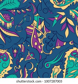 Seamless mehndi vector pattern. Hand-made ethnic illustration. Colorful doodle texture.