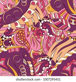 Seamless mehndi vector pattern. Hand-made ethnic illustration. Colorful doodle texture.