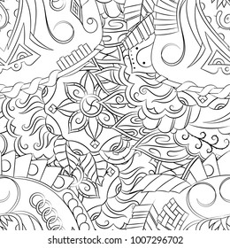 Seamless mehndi vector pattern. Hand-made illustration. Black and white binary pattern, monochrome doodle texture.
