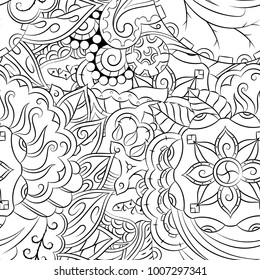 Seamless mehndi vector pattern. Hand-made illustration. Black and white binary pattern, monochrome doodle texture.
