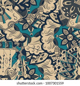 Seamless mehndi vector pattern. Hand-made ethnic illustration. Colorful doodle texture.