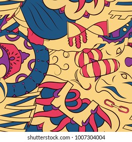 Seamless mehndi vector pattern. Hand-made ethnic illustration. Colorful doodle texture.