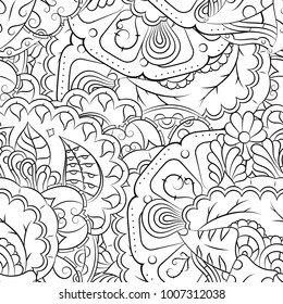 Seamless mehndi vector pattern. Hand-made illustration. Black and white binary pattern, monochrome doodle texture.