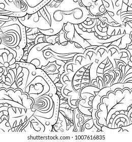 Seamless mehndi vector pattern. Hand-made illustration. Black and white binary pattern, monochrome doodle texture.