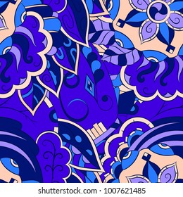 Seamless mehndi vector pattern. Hand-made ethnic illustration. Colorful doodle texture.