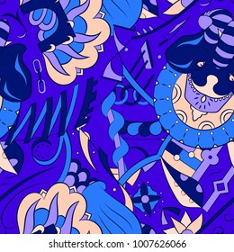 Seamless mehndi vector pattern. Hand-made ethnic illustration. Colorful doodle texture.