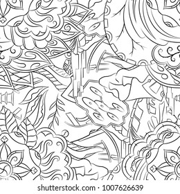 Seamless mehndi vector pattern. Hand-made illustration. Black and white binary pattern, monochrome doodle texture.