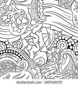 Seamless mehndi vector pattern. Hand-made illustration. Black and white binary pattern, monochrome doodle texture.