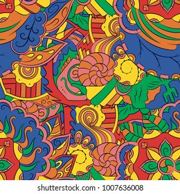 Seamless mehndi vector pattern. Hand-made ethnic illustration. Colorful doodle texture.