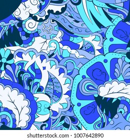 Seamless mehndi vector pattern. Hand-made ethnic illustration. Colorful doodle texture.